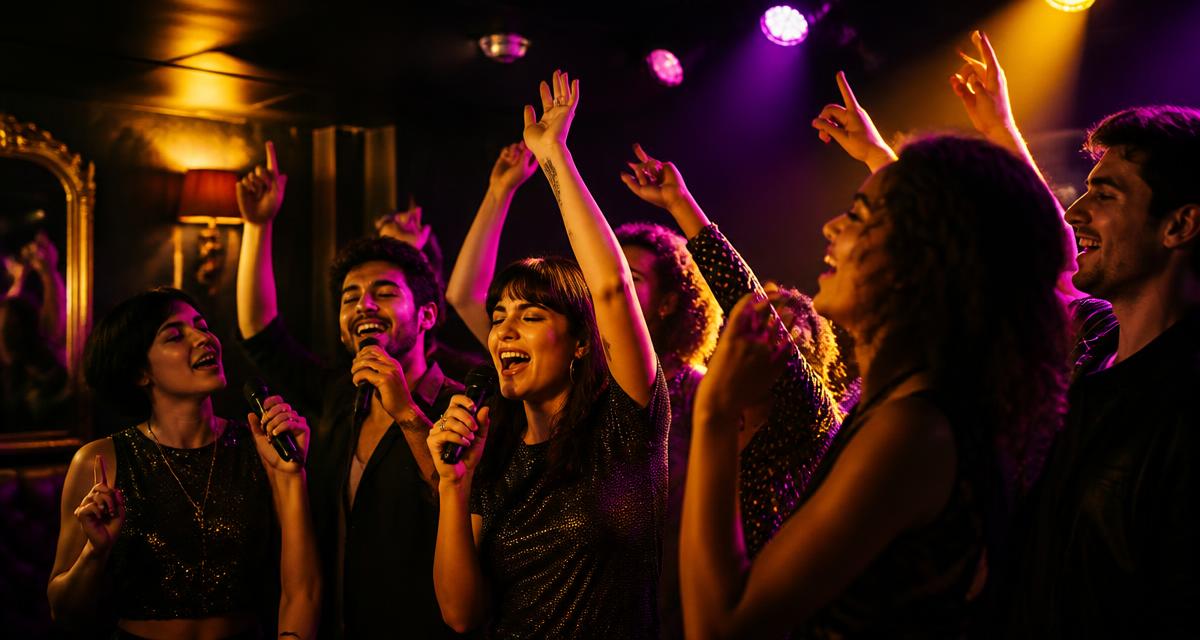 Crowd singing along at a karaoke night