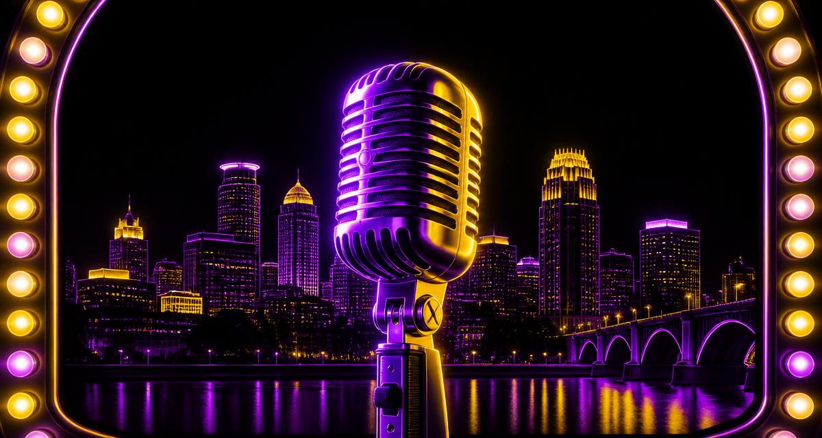 Twin Cities skyline behind a neon karaoke microphone